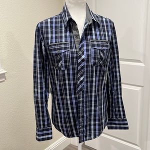 7 Diamonds blue and black plaid button down shirt